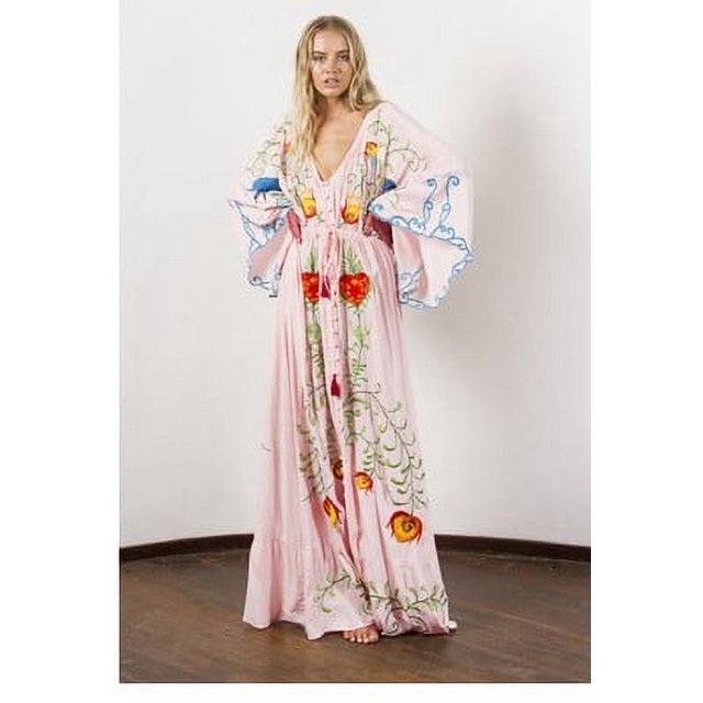 Faithtur Robe Bohème pour Femmes Manches Longues Taille à Cordon Robe Boutonnée Ligne A Robe Midi d'Été