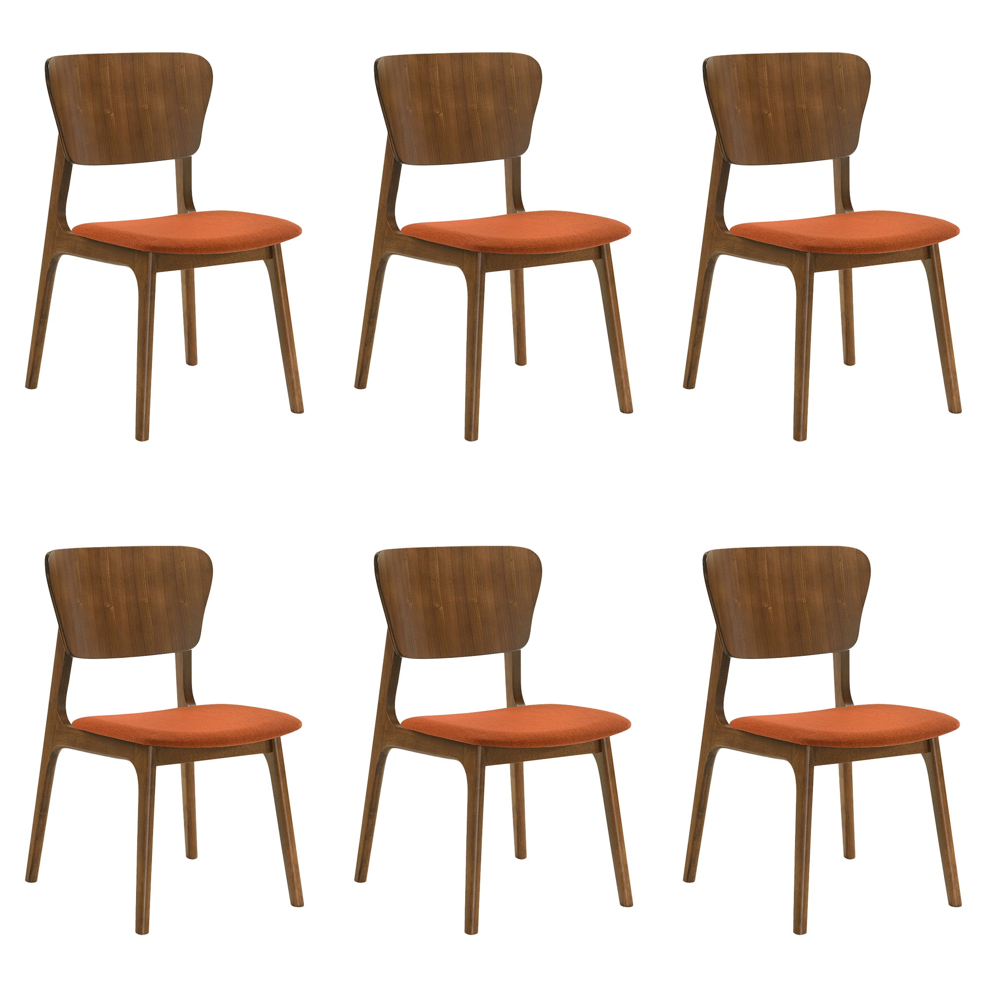 Kalia Wood Dining Chair in Walnut Finish with Orange Fabric - Set of 6