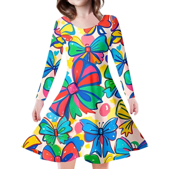 FhsagQ Robe pour Filles Imprimée Robe de Princesse de Fête pour Enfants et Filles Robes de Pâques pour Filles 12-14 Ans Robes pour Filles Taille 7-8 Hiver 10-13 Ans