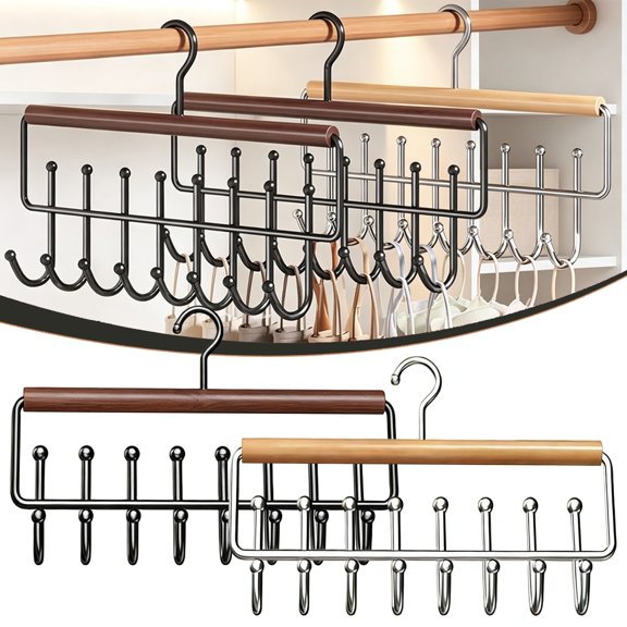 Goodw7 Wooden Belt Hanger for Closet 8 Hooks, Space Saving Tie Rack Organizer with Rotating Hook, Multipurpose Accessory Holder for Scarves Bags in Bedroom Wardrobe Entryway