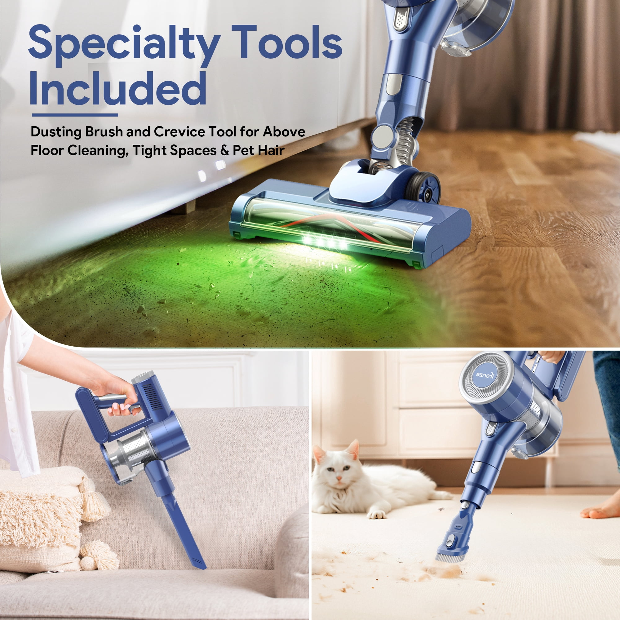 Qunler Cordless Vacuum Cleaner for Home, Self-Standing Stick Vacuum with Rechargeable 2200mAh Detachable Battery for Hardwood Floors, Carpets, and Pet Hair, Green LED Lights Reveal Invisible Dust