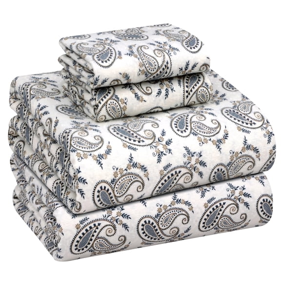 RUVANTI Flannel Sheets Queen Size - 100% Cotton Double Brushed Bed Sheets, Deep Pockets 16 Inches Queen Sheet Set, All Seasons Breathable & Extra Soft - Warm & Cozy, 4 Piece, Old School Paisley