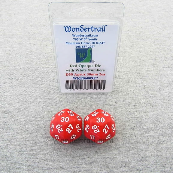 Red Opaque Dice with White Numbers D30 30mm (1.18in) Pack of 2 Wondertrail