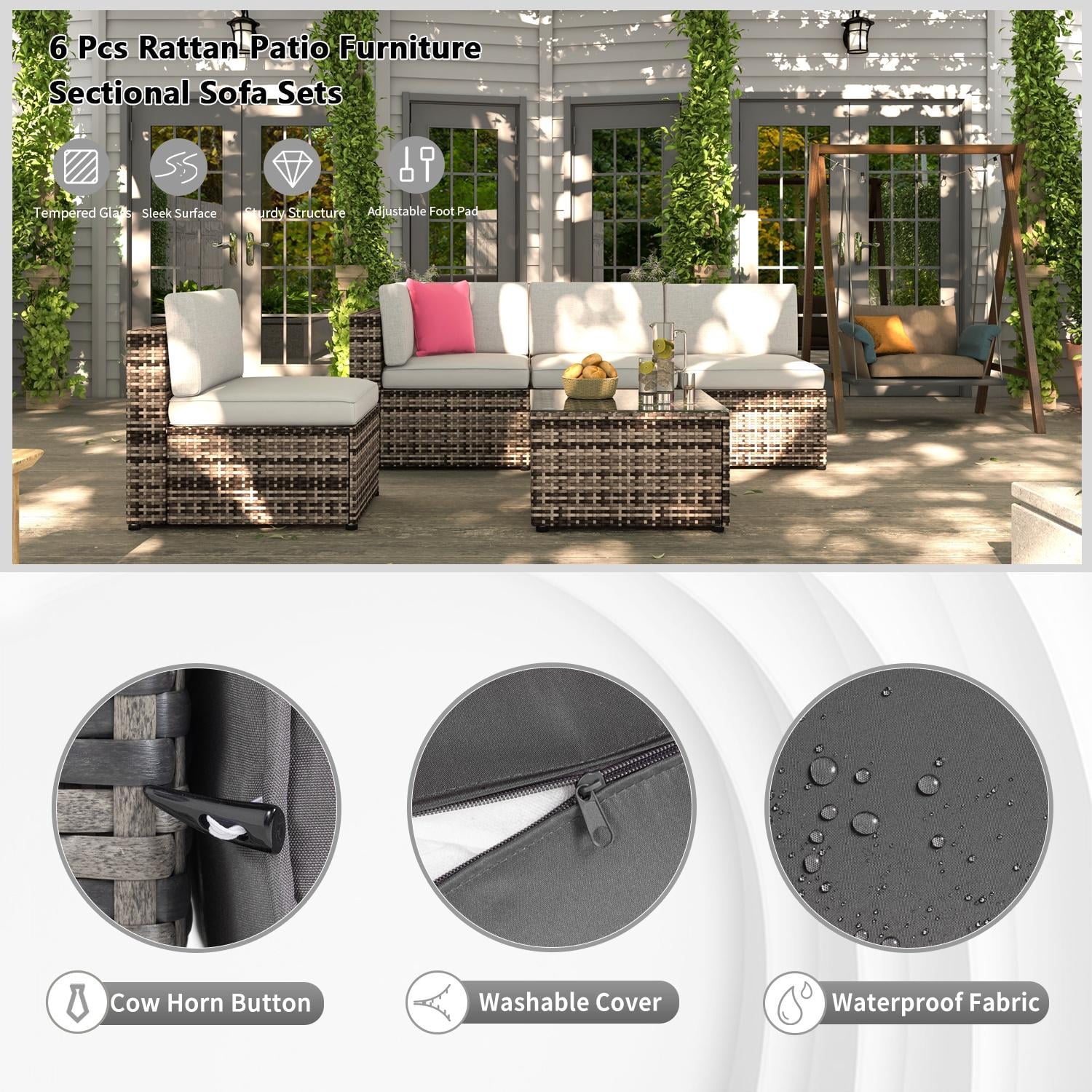 BaPiPro 5pcs Outdoor Patio Furniture Set, PE Rattan Wicker Sectional Conversation Set with Glass Coffee Table,Gray