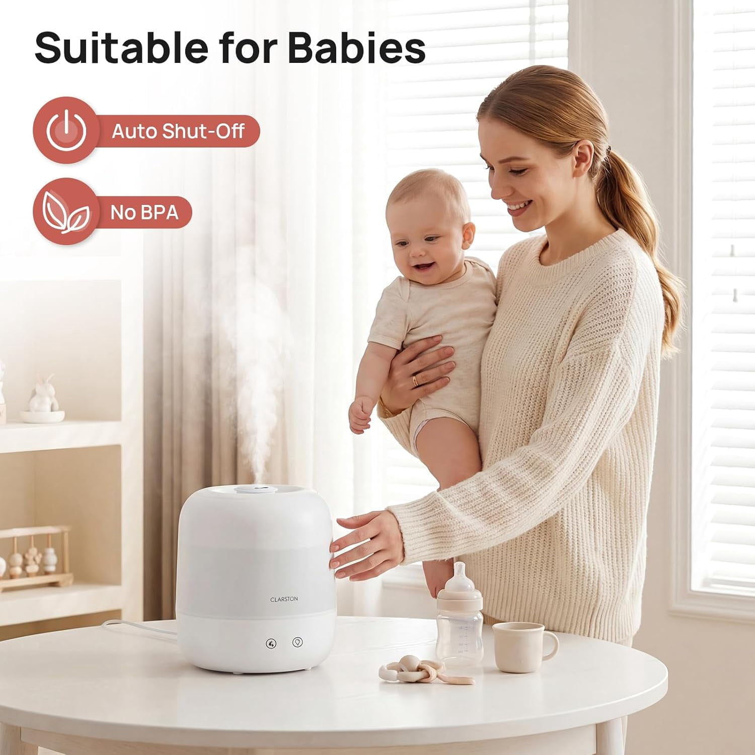 2L Cool Mist Humidifier for Bedroom with 360° Adjustable Nozzle, High and Low Mist Levels, Ultra-Low Noise, Light-Off, No BPA, Auto Shut Off, Ideal Baby Humidifier with Easy Top Filling