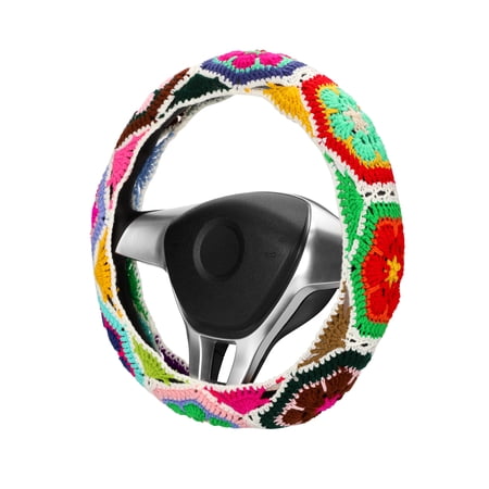 14-15in Crochet Steering Wheel Cover,Handmade Galsang Flower Granny Square Boho Gift for Women Girl, Accessories for Vehicles HZYZW
