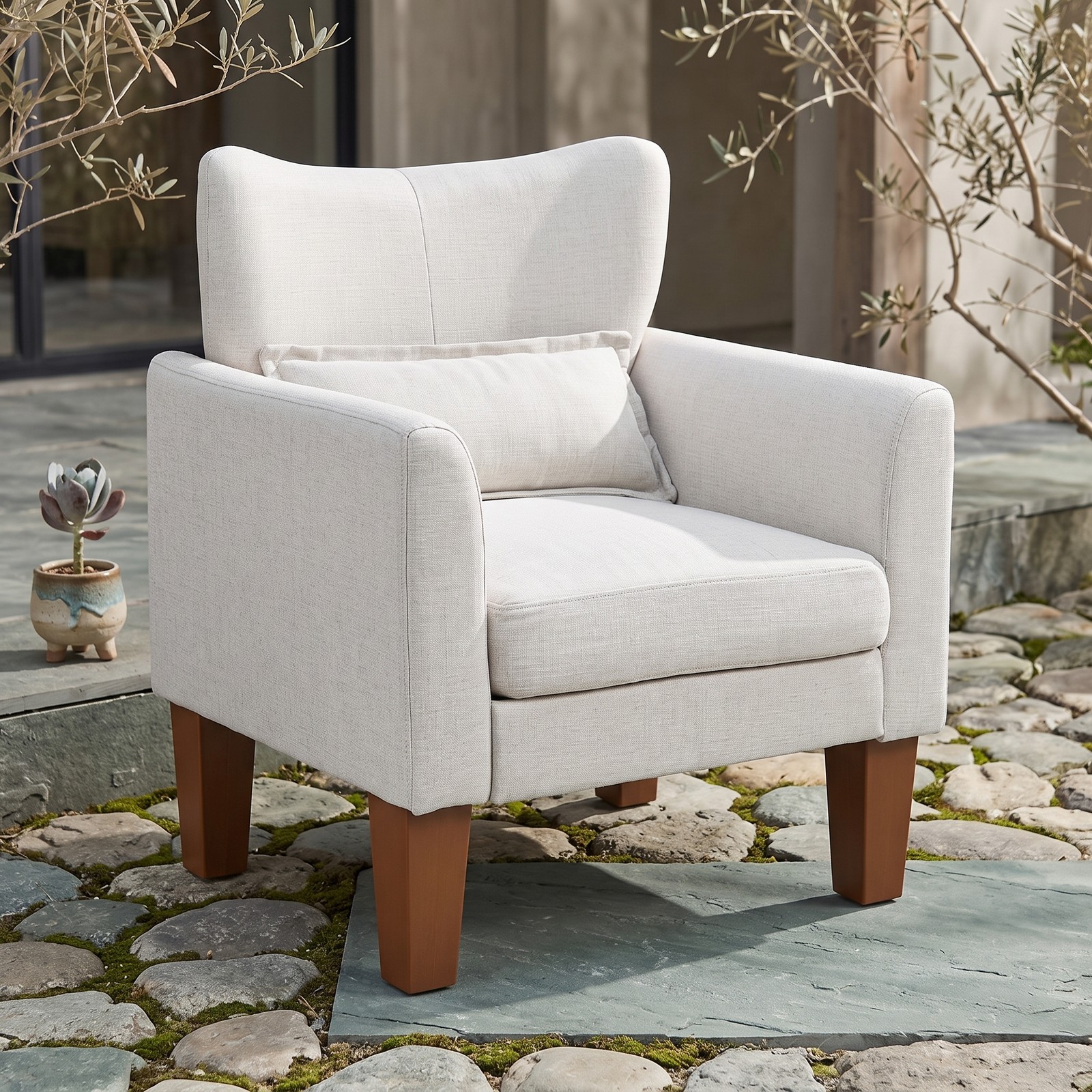 Furnibear Modern Accent Chair with Removable Seat Cushion and Lumbar Pillow, Faux Linen Upholstered Armchair for Living Room Bedroom Office Reading Nook, 350, Beige