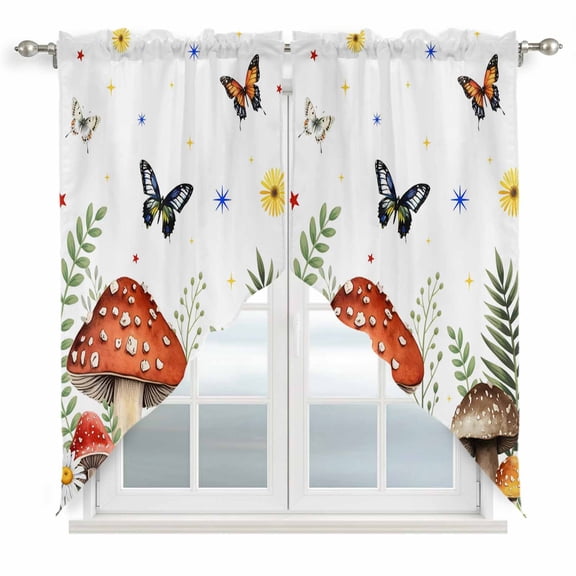 Spring Mushrooms Swag Valances for Windows 2 Pack, Kitchen Window Curtains 36 Inch Length, Farmhouse Pastoral Botanical Watercolor Privacy Swag Curtains for Living Room/Bathroom 36"x36"