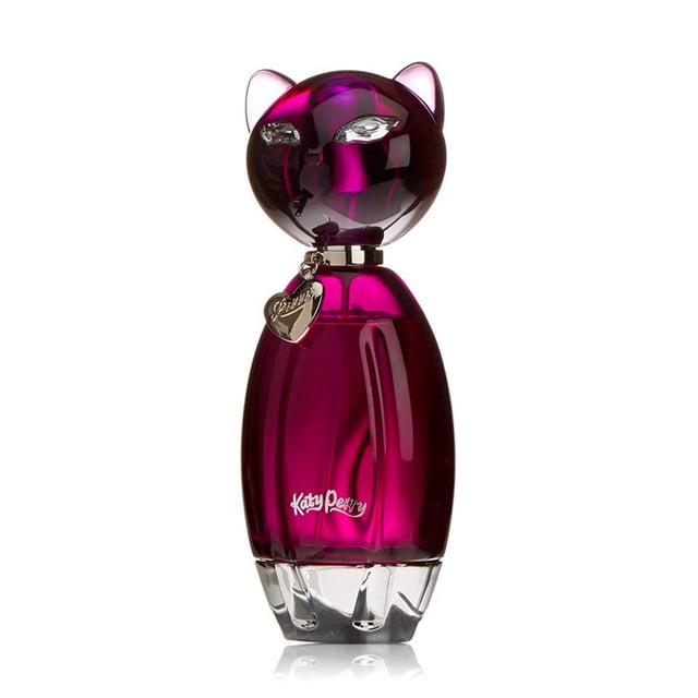perfume katy perry purr 175ml para dama original, botella con silueta de gato en fucsia translúcido, tapa redonda con orejas, medallón metálico en el cuello y base facetada de vidrio; agua de perfume frutal/floral, 175 ml, ideal para uso personal o como pieza decorativa en tocador.
