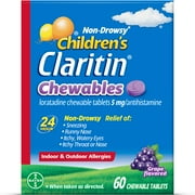 Claritin Allergy Medicine for Kids, Loratadine Antihistamine Grape Chewable Tablets, 60 Ct