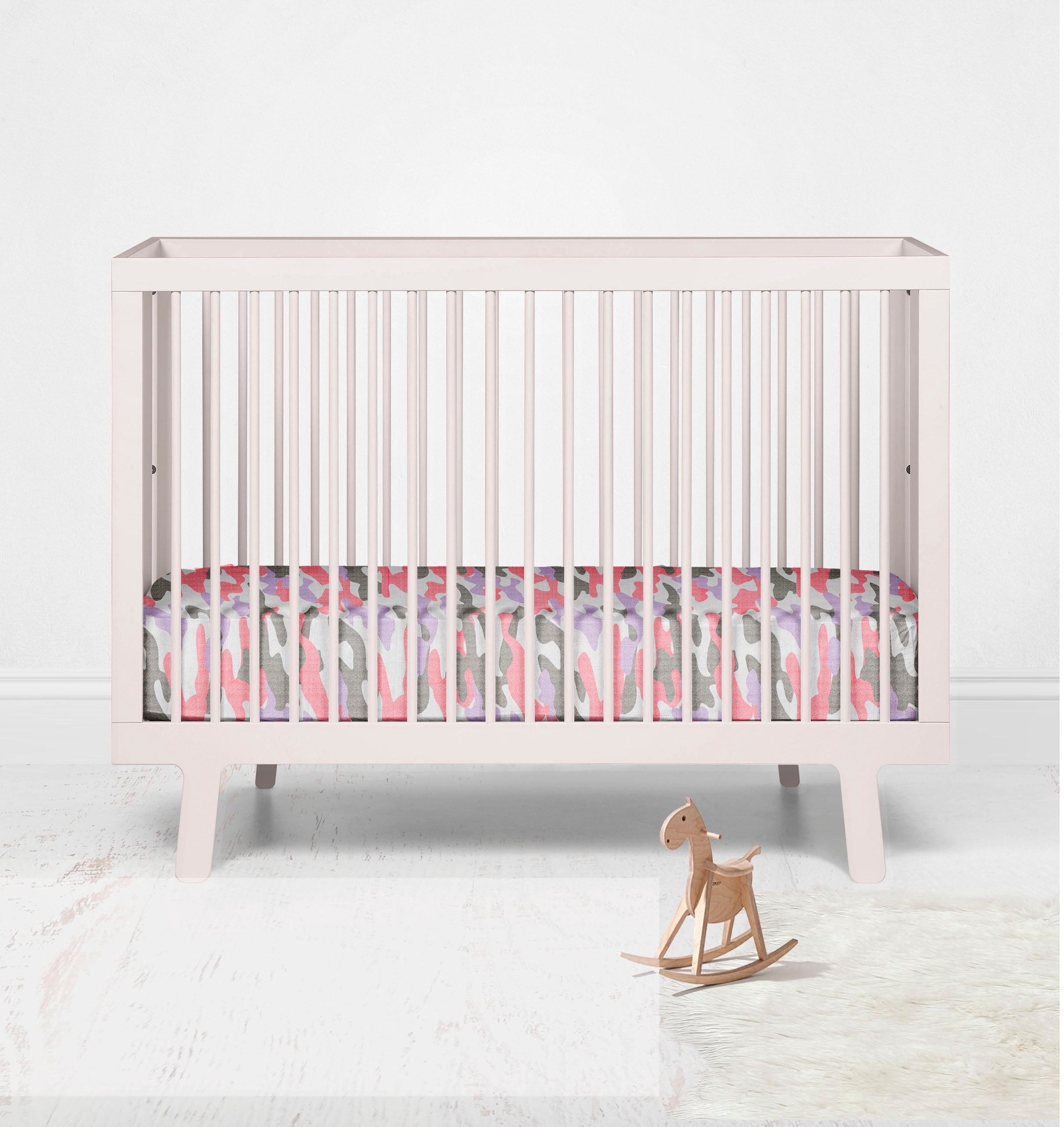 Bacati - Girls Camo Coral Lilac Gray Muslin Crib or Toddler Bed Fitted Sheet