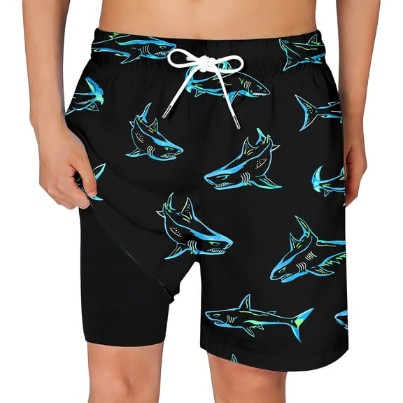 Boys Swim Trunks Boys Shark Print Swim Trunks with Pockets and Mesh Liner Drawstring Elastic Waist Cool Quick Dry Beach Shorts Kids Black 5 Years-6 Years