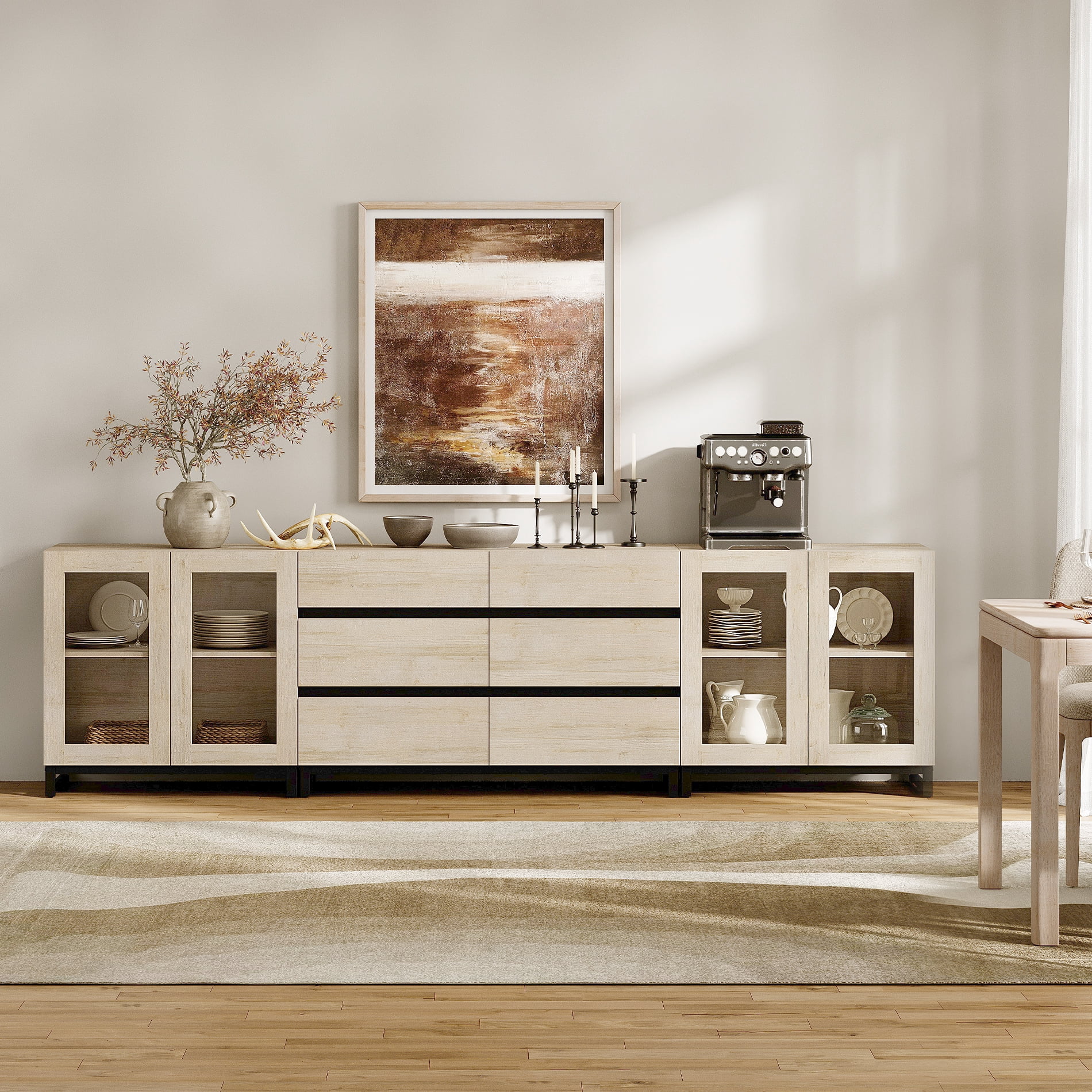 3 In 1 Multifunctional Sideboard Buffet Cabinets With Glass Doors And 6 Drawers, Modern Sideboard Credenza With Adjustable Shelf And Metal Base,Beige