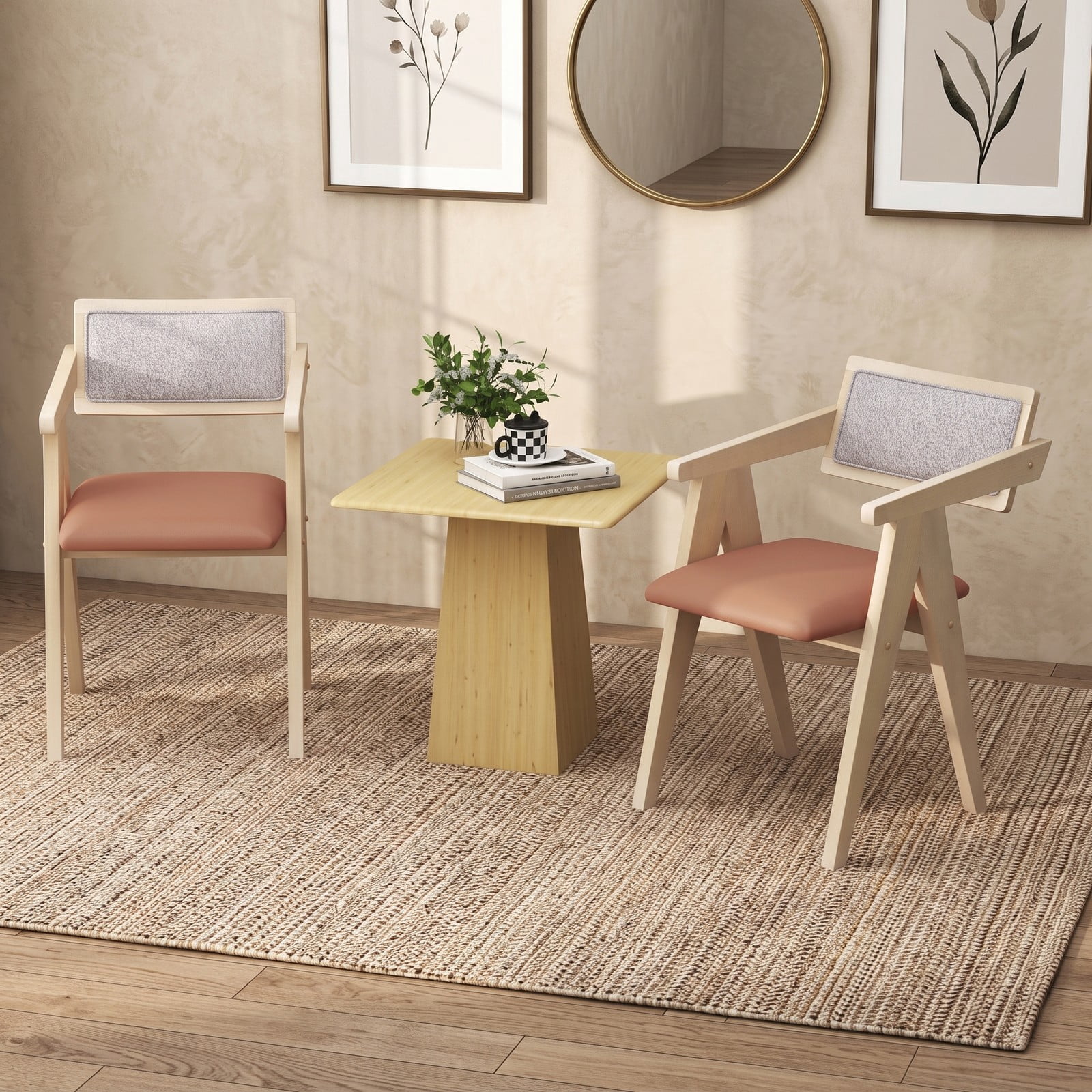 Furnibear Mid Century Modern Accent Chairs Set of 2, Upholstered Leathaire Armchair with Solid Rubber Wood Frame, Sherpa Backrest Living Room Bedroom Side Chair, Beige