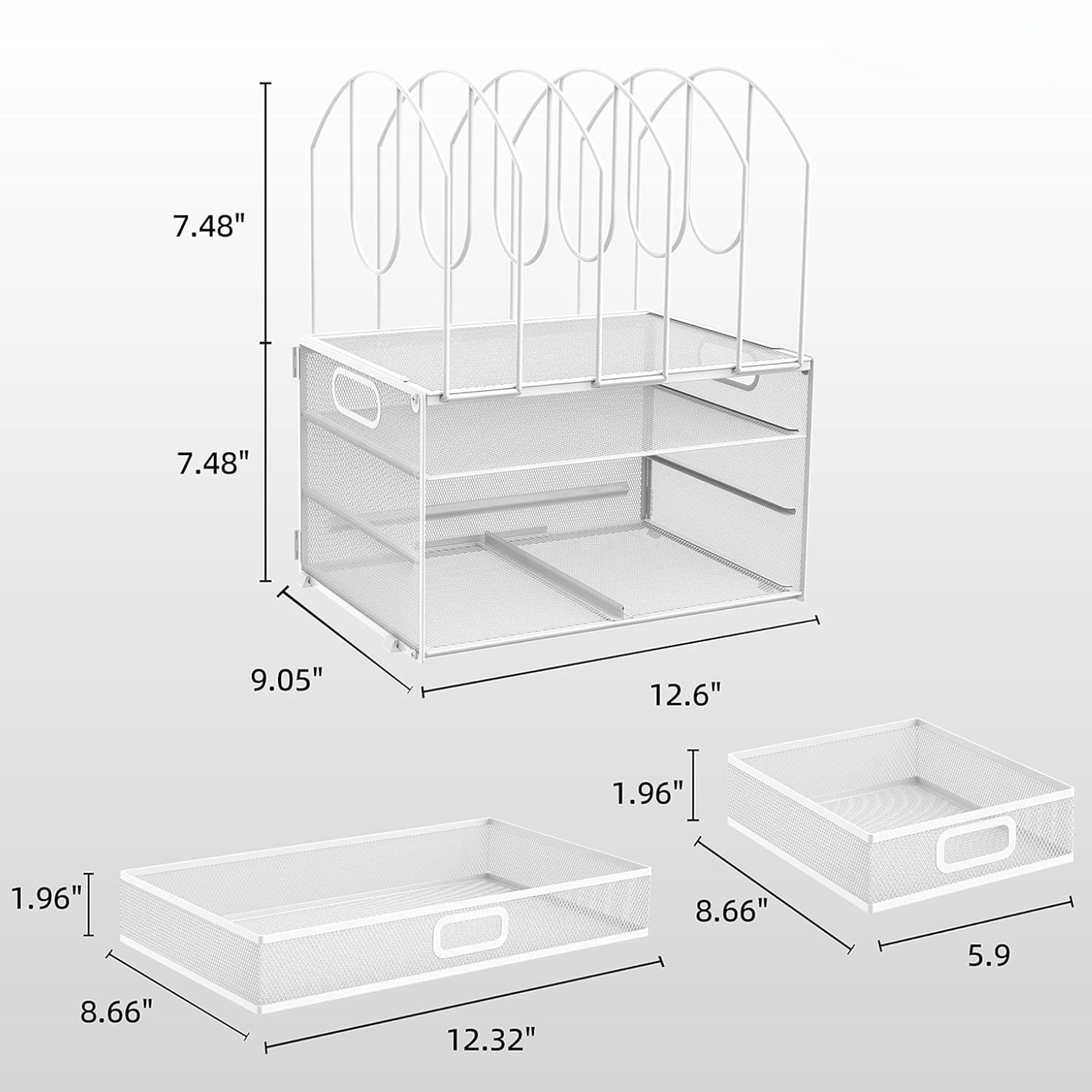 INTIGE 3 Tier Metal Desk Organizer with 3 Sliding Drawers, 5 Upright Sections, File Organizer, White