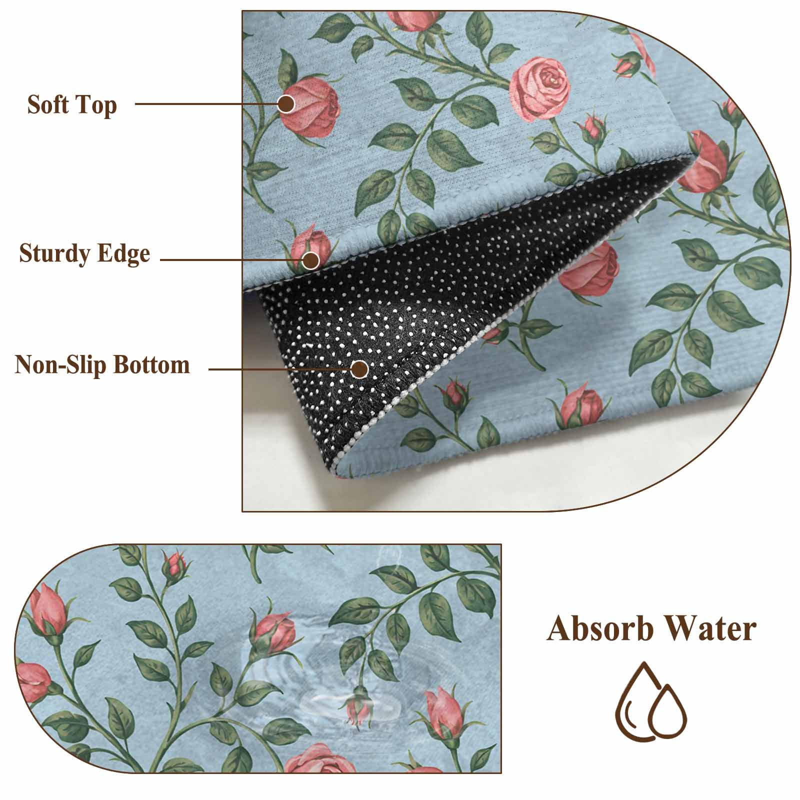 3'x5' Area Rugs, Spring Roses Botanical Indoor Outdoor Area Rug for Living Room Bedroom, Farmhouse Floral Blue Washable Bathroom Rugs Kitchen Floor Carpet Mats Home Decor Aesthetic