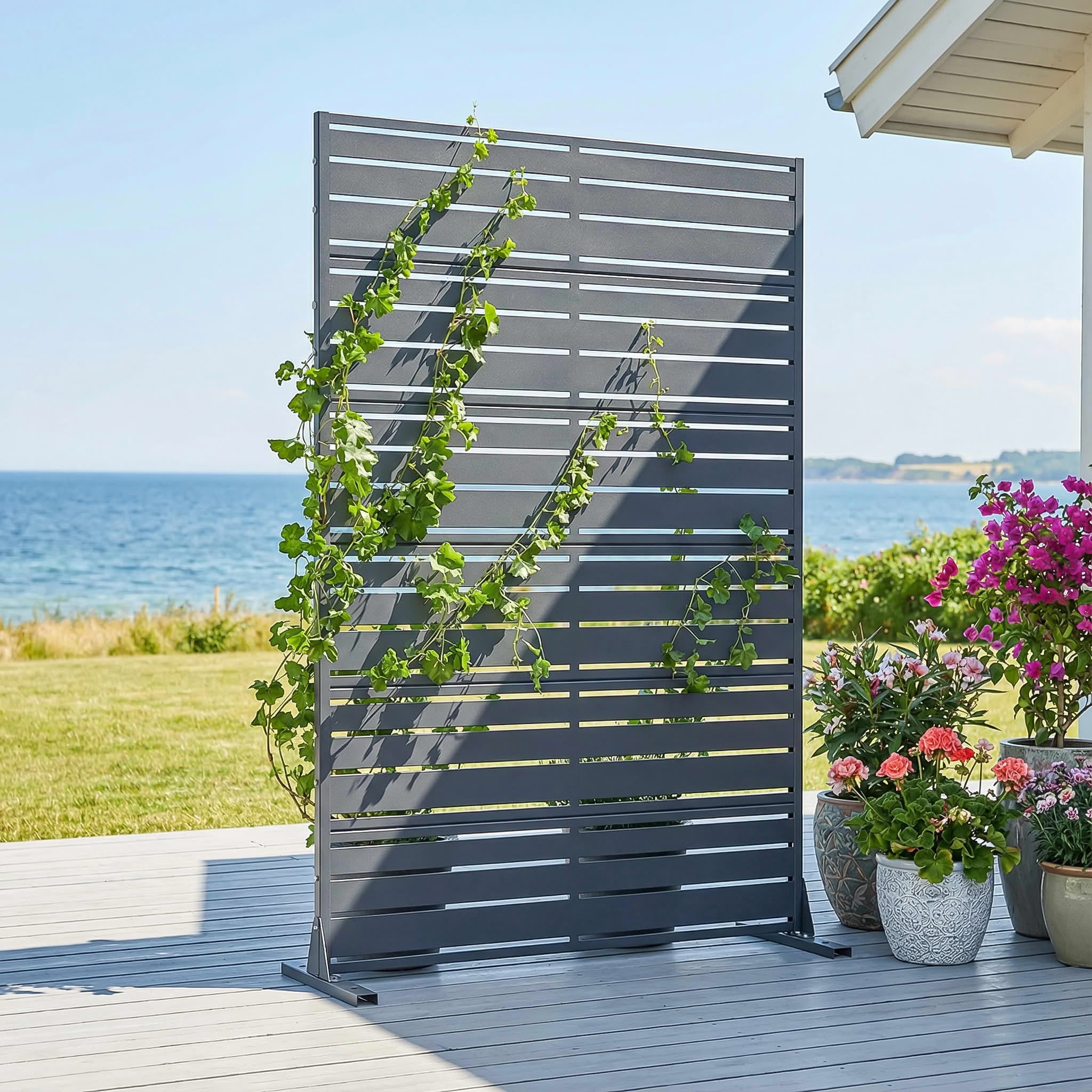 MAYEERTY 72"x47" Privacy Screen, Basalt Ash 6-Panel Galvanized Steel Louvered Fence, Wide-1 Narrow-2, Freestanding for Patio Backyard