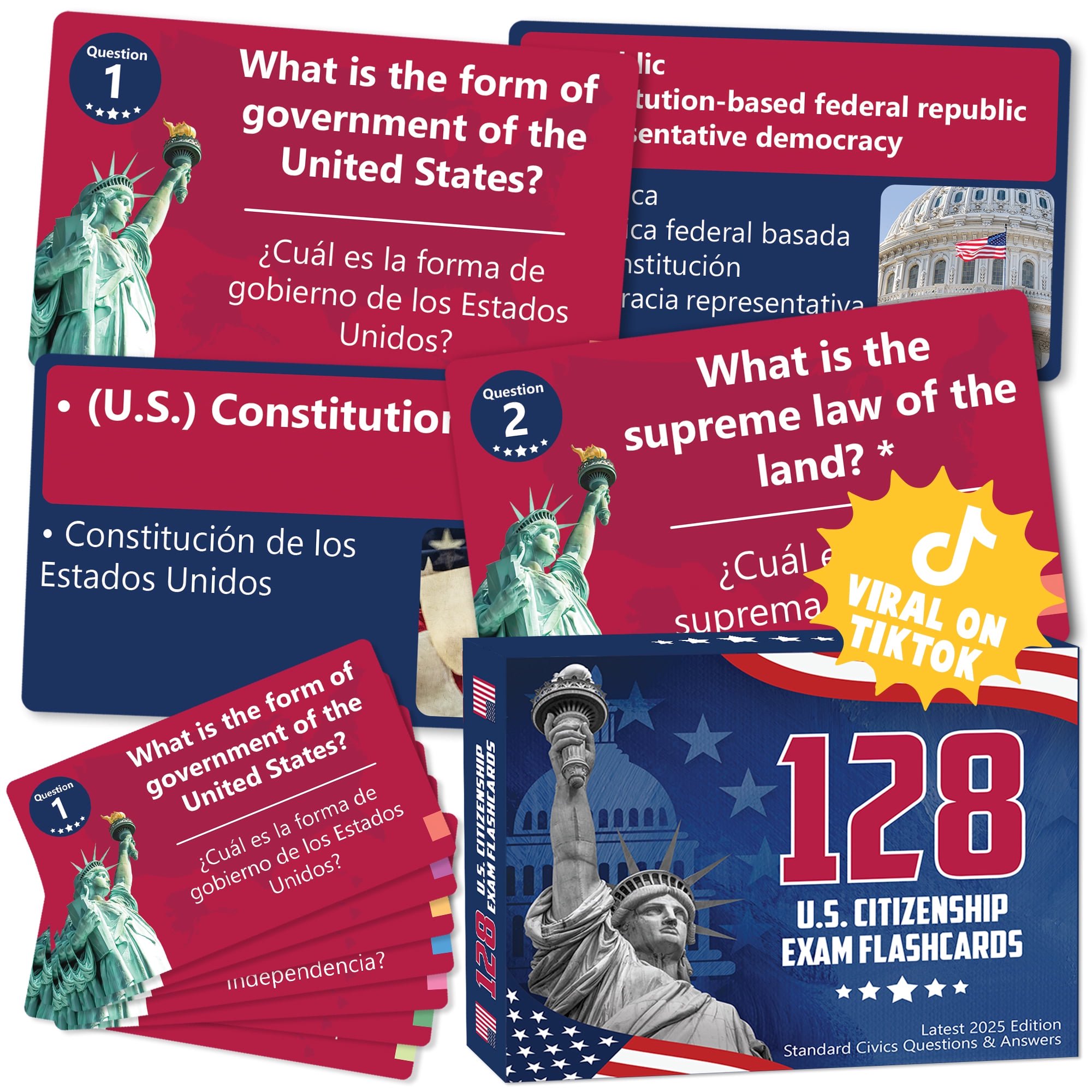 BoopZilla US Citizenship Flash Cards 2026, 128 USCIS Civics Test Questions, English & Spanish