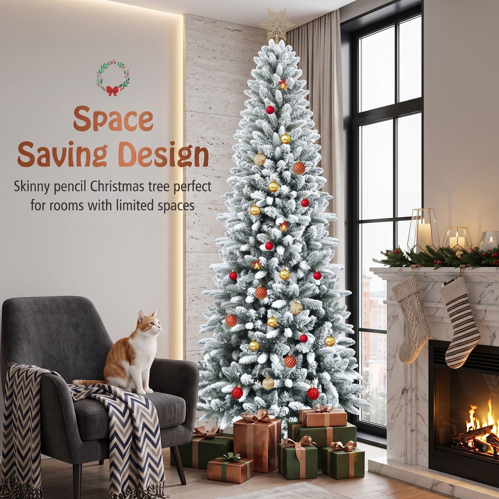 RUIE 7.5 ft Snow-Flocked Hinged Artificial Christmas Pencil Tree, Slim Unlit Xmas Tree with 1189 Mixed Tips and Metal Stand for Holiday Home Office Party, White
