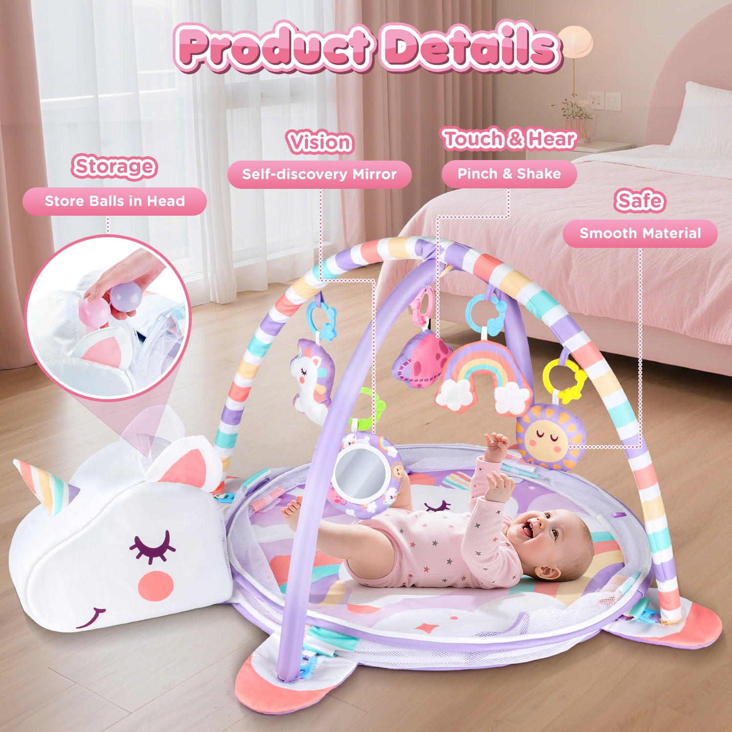 Beefunni Baby Play Mat, 4-in-1 Unicorn Tummy Time Mat & Ball Pit, Baby Activity Play Mat, Gym & Sensory Toys, 0-12 Months