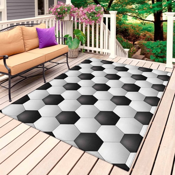 Football Texture Outdoor Rug for Patio/Deck/Porch, Non-Slip Large Area Rug 5 x 7 Ft, Abstract Art Black White Hexagon Indoor Outdoor Rugs Washable Area Rugs, Reversible Camping Rug Carpet Runner