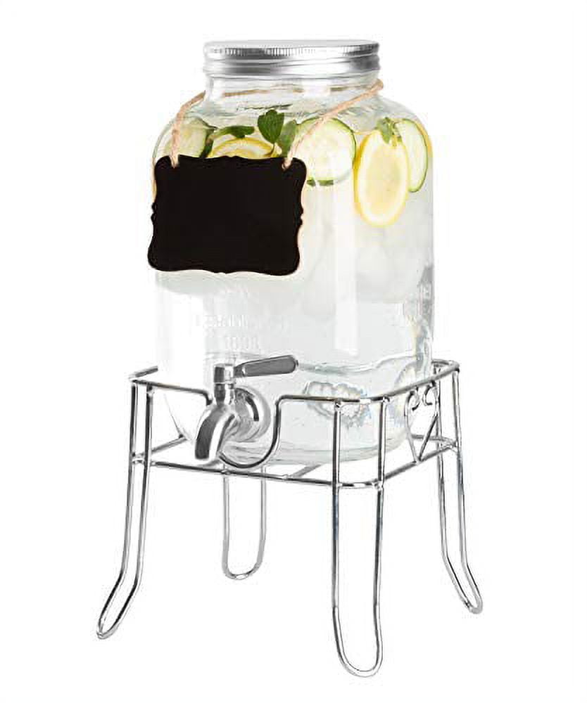 Outdoor Glass Beverage Dispenser with Stainless Steel Spigot, Ice Cylinder  & Hanging Chalkboard - 1 Gallon Drink Dispenser for Lemonade, Tea, Cold