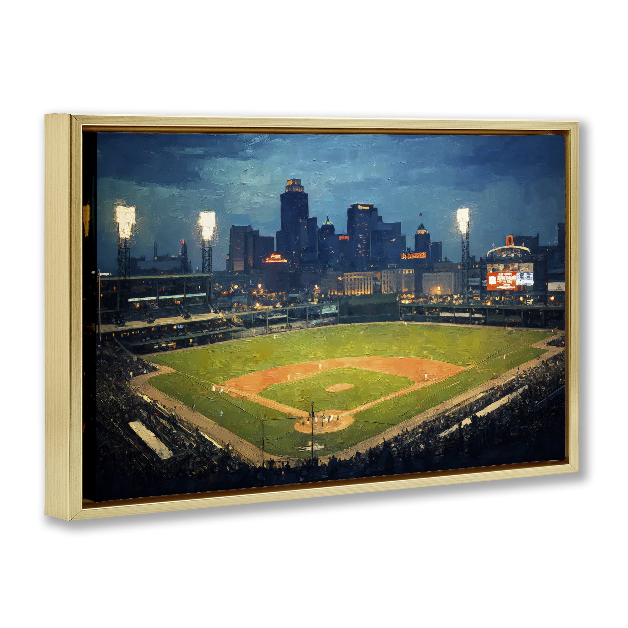 Baseball Stadium at Night Gold Framed Floater Canvas Wall Art, design by Arlington Prints