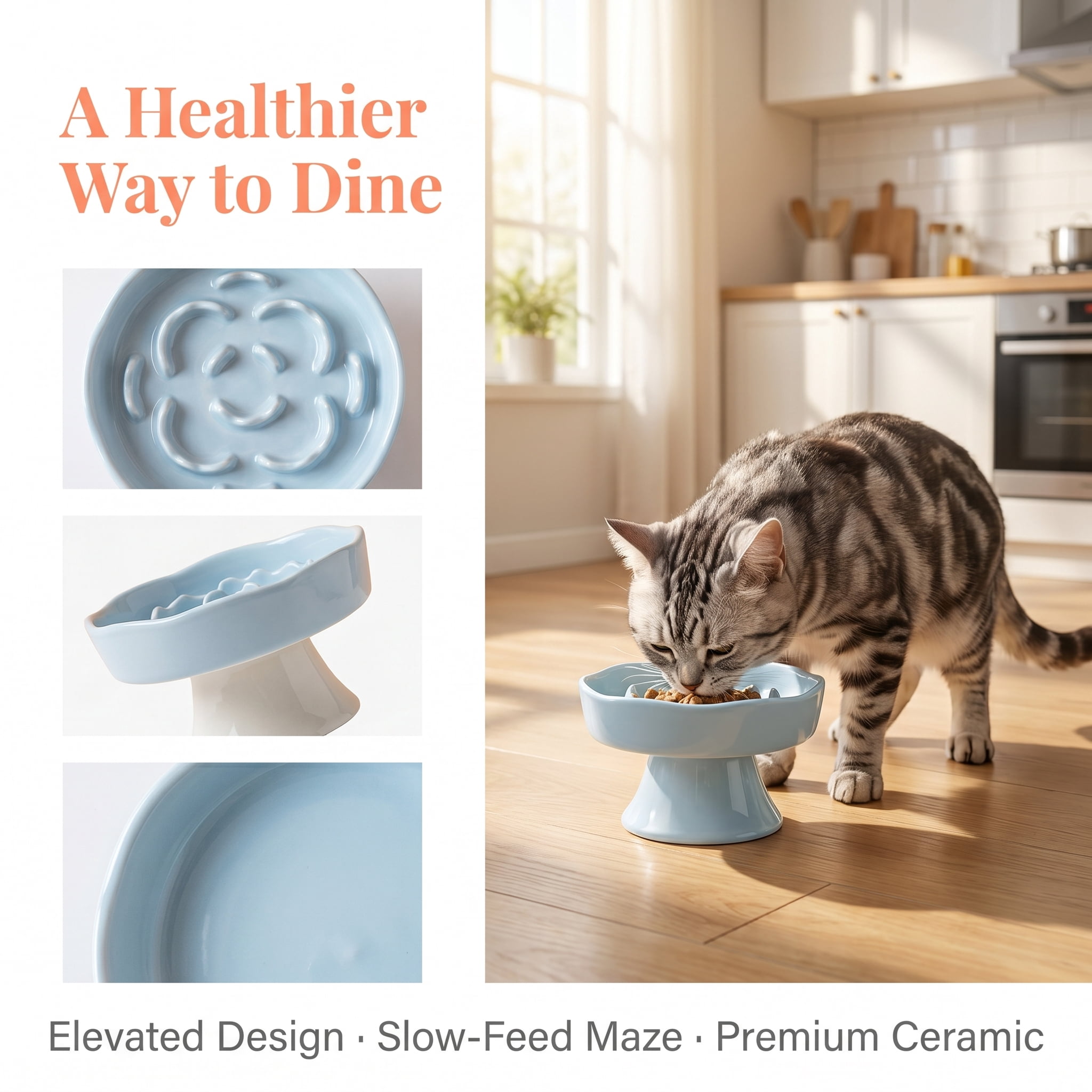 Elevated Ceramic Slow Feeder Cat Bowl, Anti-Gulping Raised Pet Dish for Improved Digestion, Neck Protection Tilted Maze Bowl for Cats and Small Dogs, 10.5 fl oz Capacity, Dishwasher Safe