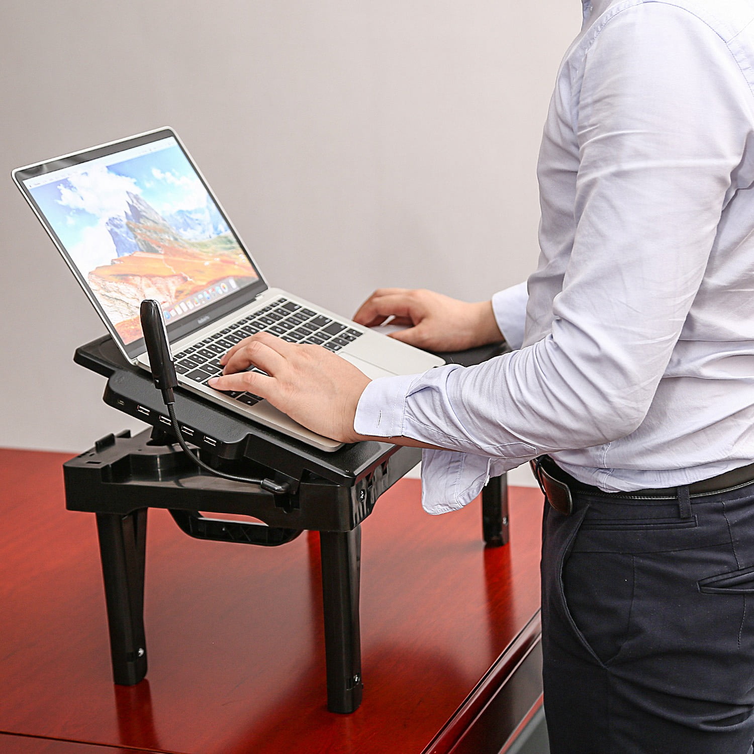 Adjustable Laptop Stand Portable Laptop Desk Ergonomic Table Stand with Cooling Fans Mouse Pad LED Light TV USB Port Bed Lap Tray Standing Desk Laptop Holder Desk for Office Bed Sofa Black