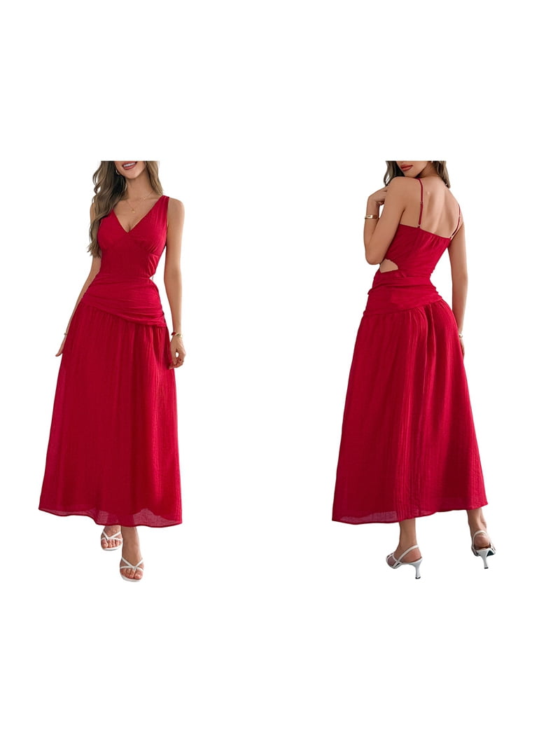 Women'S Summer Sleeveless Casual Dresses V-Neck Wrinkles Backless Party Dress Red M