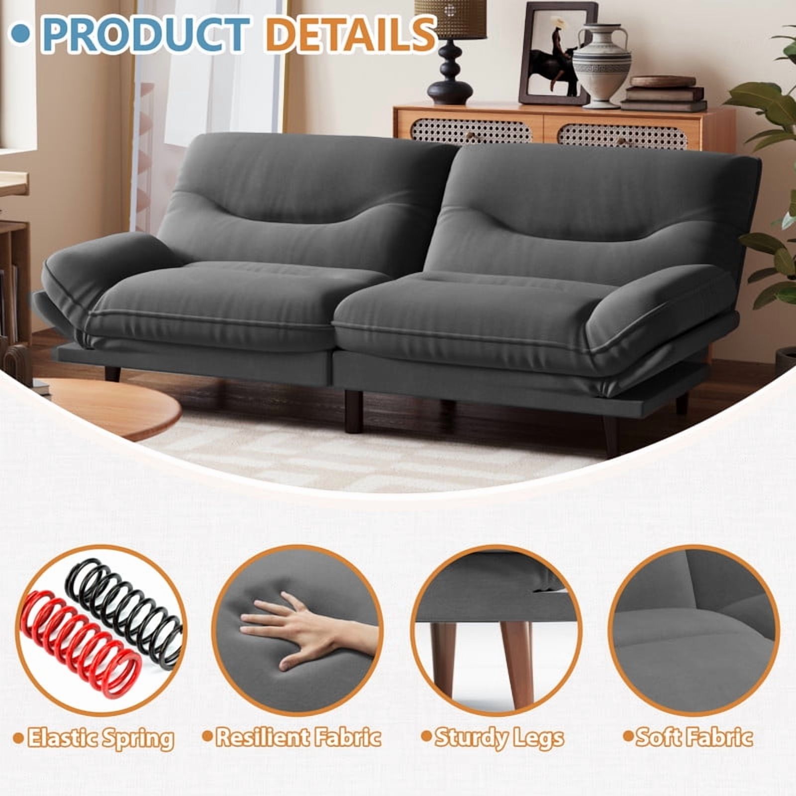 Homall Futon Sofa Bed with Adjustable Backrest & Five Angles Adjustable Armrests Sofa Couch for Small Spaces Living Room Office,Fabric Dark Gray