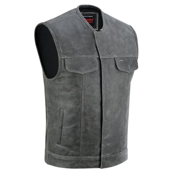 Daniel Smart S to 12XL Men’s Leather Vest Cowhide Motorcycle Leather Vest with Unique without Collar Design