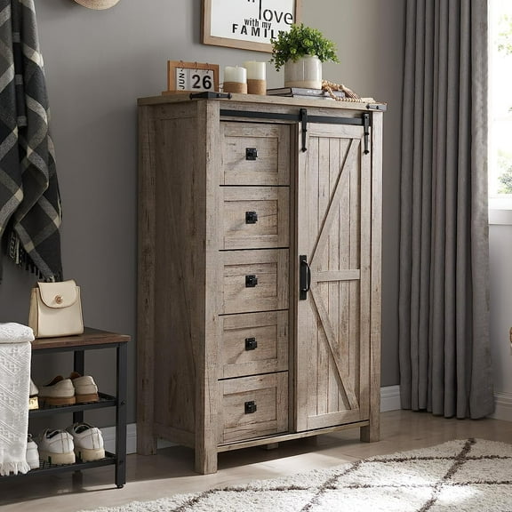 OKD 5 Drawer Dresser with Sliding Barn Door, Farmhouse Modern Storage Cabinet for Bedroom, Chest of Drawers Wood Organizer for Living Room, Light Rustic Oak