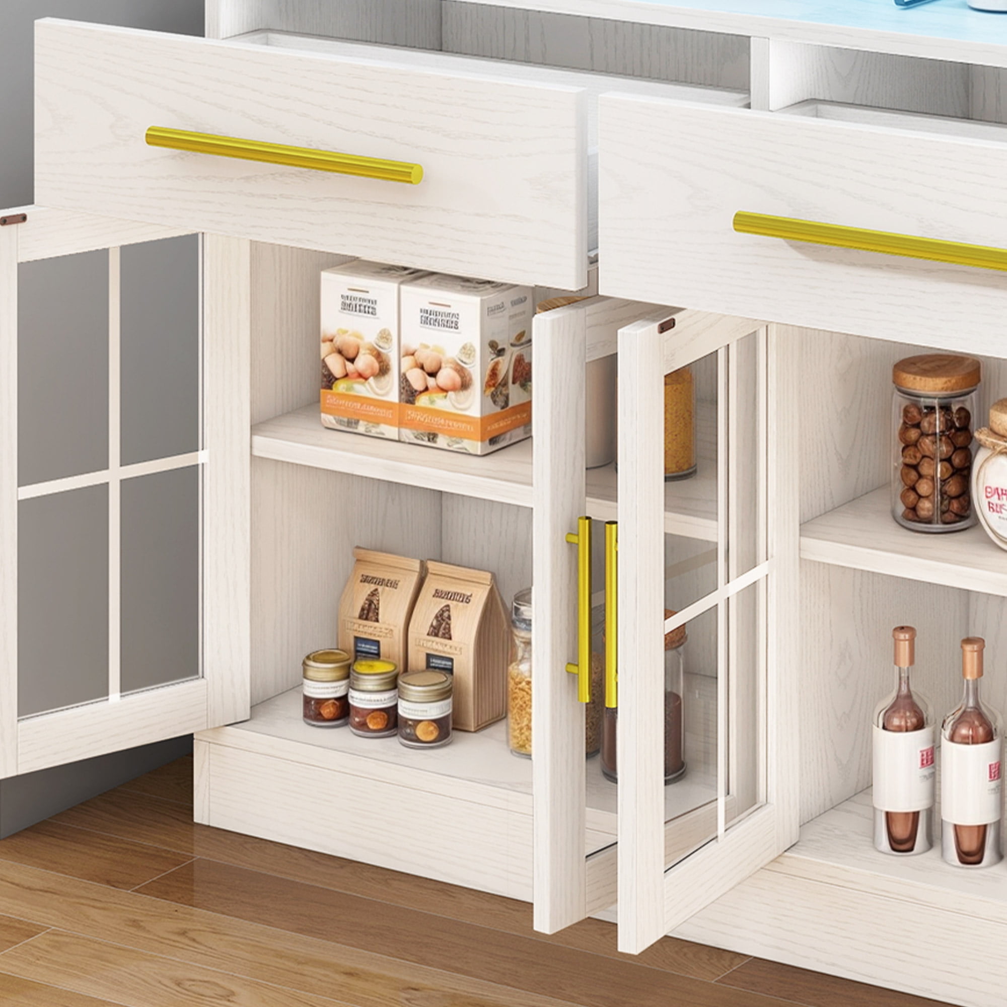 Uforic 71'' Tall Kitchen Pantry Storage Cabinet with 6 Doors, 2 Drawers, Freestanding Kitchen Hutch with Microwave Stand & Power Outlet, White