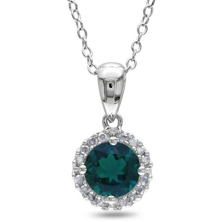 4/5 Carat T.G.W. Created Emerald and Diamond Accent Sterling Silver Halo Pendant, 18