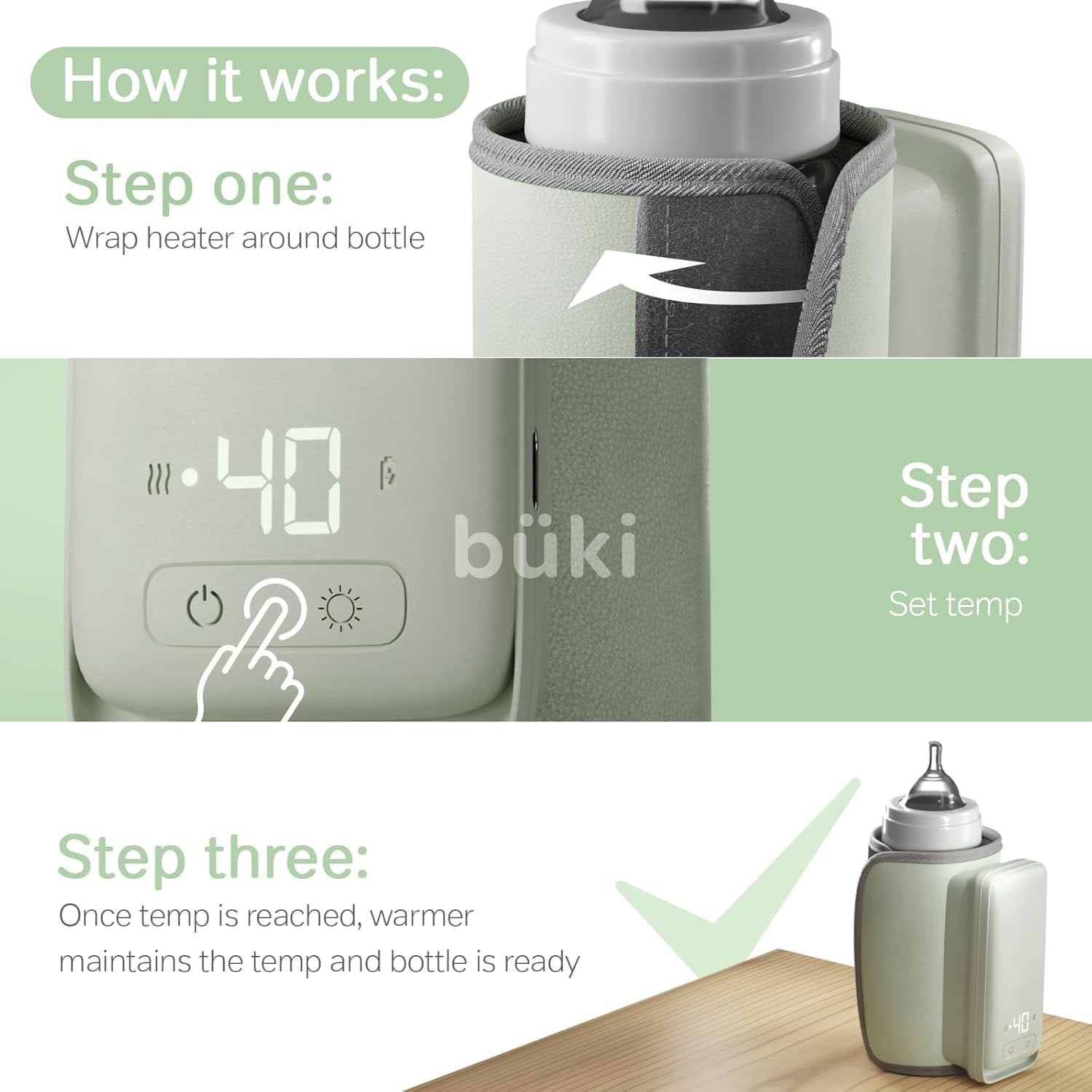 Büki Portable Bottle Warmer for Breastmilk or Baby Formula, Fast-Heating, Leak-Proof, Rechargeable