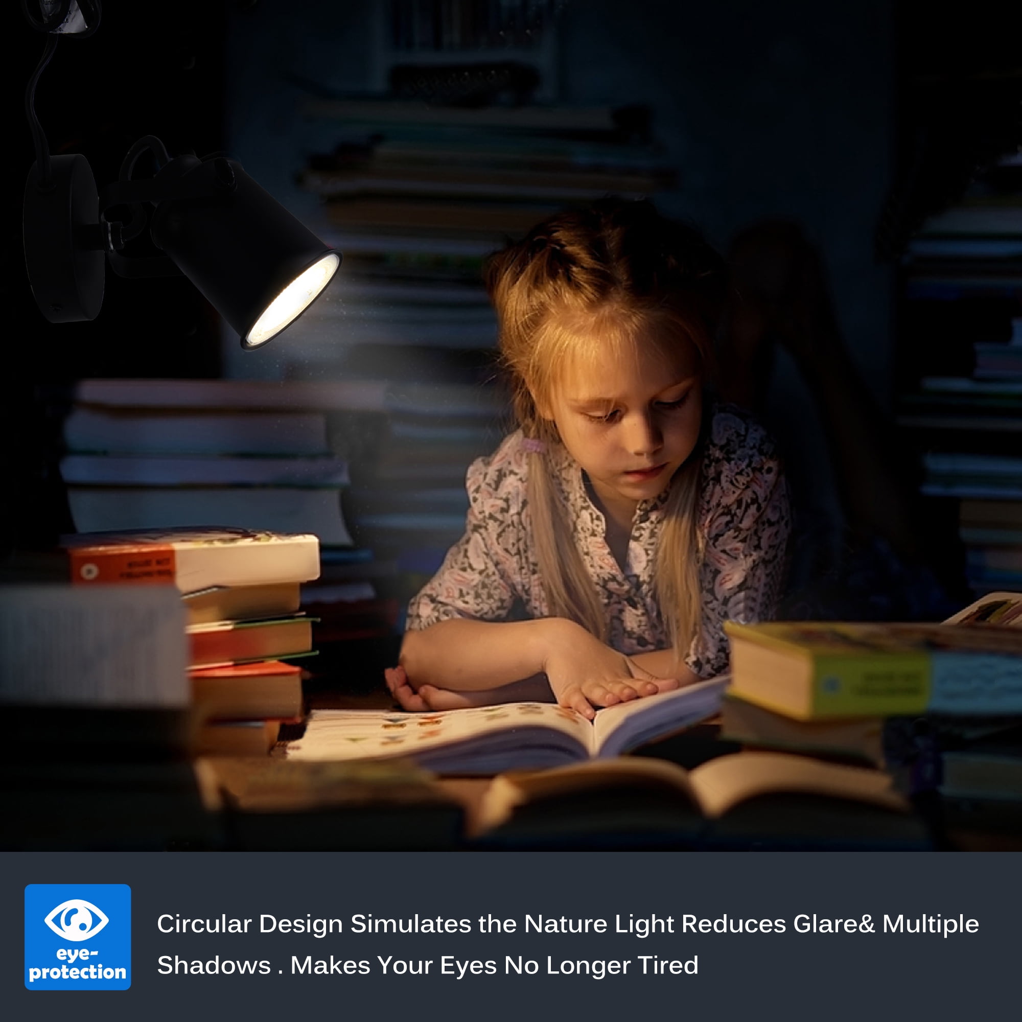 MingBright LED Desk Lamp with Shake on Switch, 360 Degree Rotation Black Table Light with 2-Prong Power Cord, Eye Protection Desk Lamps for Reading, Office or School