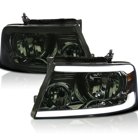 Spec-D Tuning Smoke Headlights w/ LED Bar Strip Compatible with 2004-2008 Ford F-150, 2006-2008 Lincoln Mark LT L R Pair Head Light Lamp Assembly