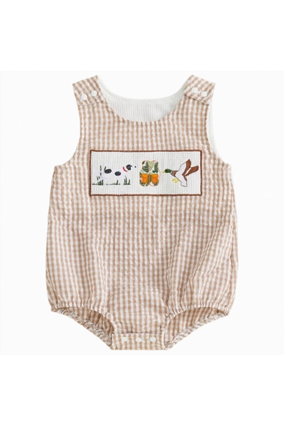 Newborn Baby Boy Summer Clothes Mallard Duck Embroidery Bubble Romper Plaid Sleeveless Bodysuit Golf Onesie Clothes(Khaki,0-3 Months)