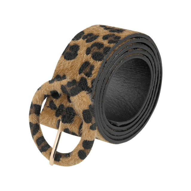 Cinturones retro impresos de leopardo para mujeres INSPIRE CHIC, ancho de 1.5" con hebilla redonda de cuero sintético para pantalones vaqueros 44.1x1.5" (LxA) negro marrón