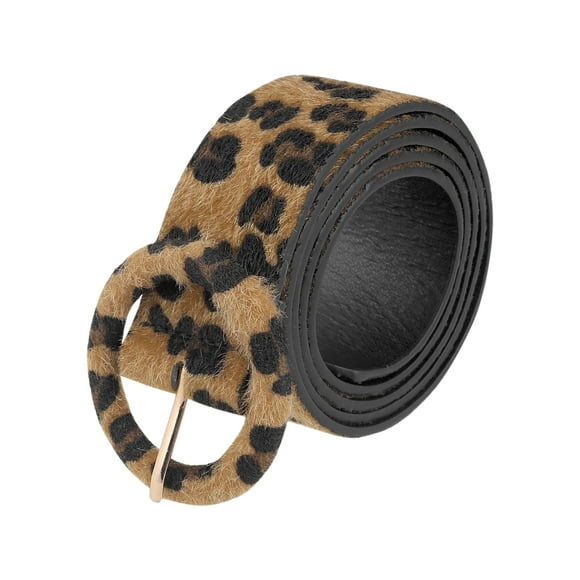Cinturones retro impresos de leopardo para mujeres INSPIRE CHIC, ancho de 1.5" con hebilla redonda de cuero sintético para pantalones vaqueros 44.1x1.5" (LxA) negro marrón