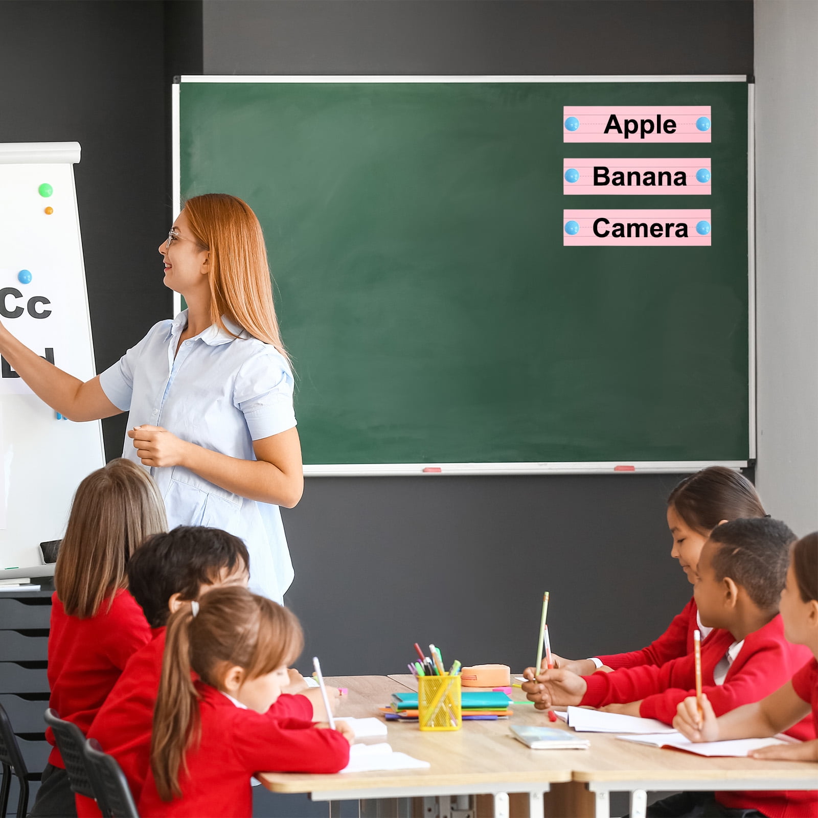 Uxcell 100 Sheets Ruled Sentence Strips, 3" x 17" Cardstock 250GSM Writing Paper Blue Red Lined for Classrooms, Pink