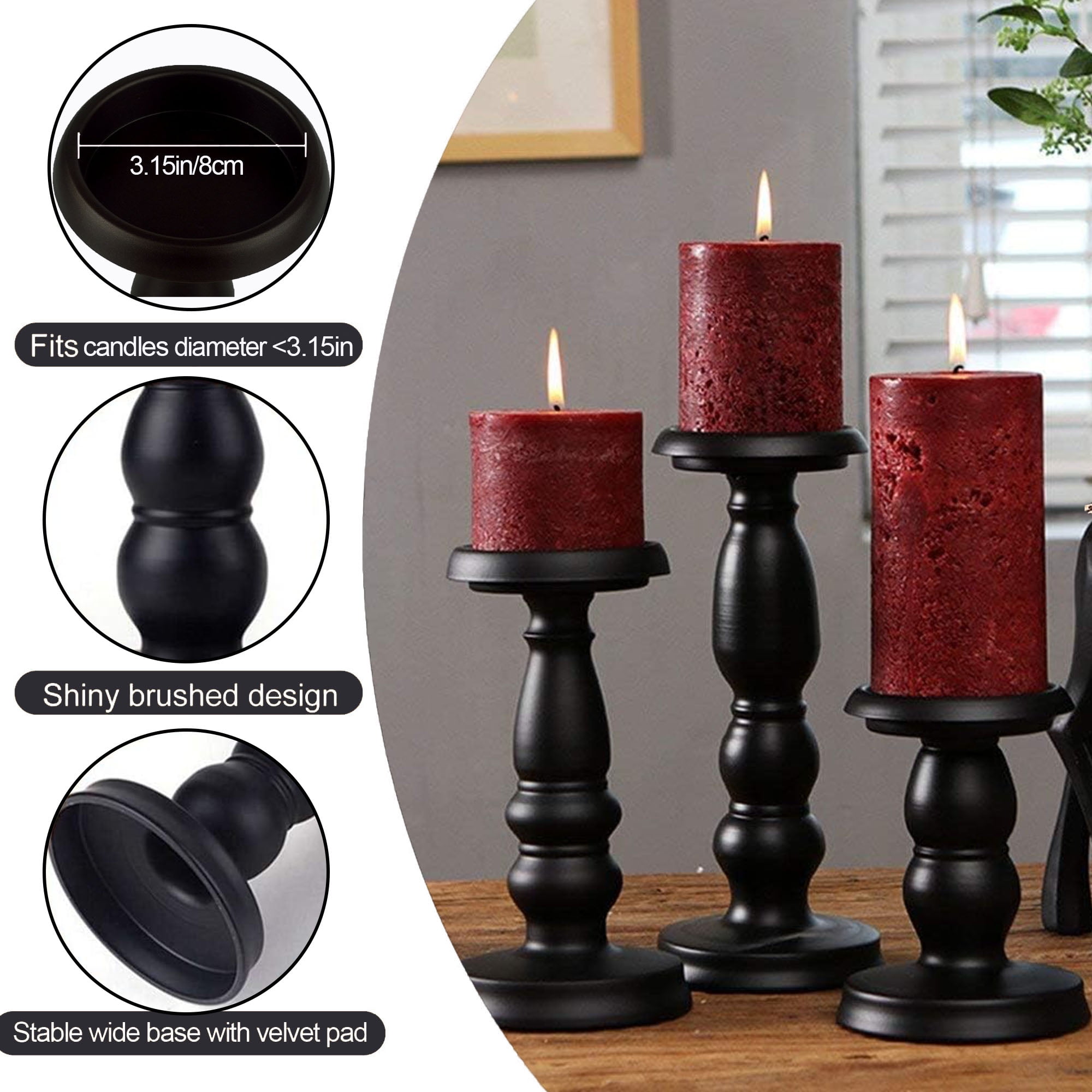 HIDAWN Pillar Candle Holder, 3 Pack Metal Black Retro Candle Stick Holders for Firplace Table Centerpiece Wedding Decoration