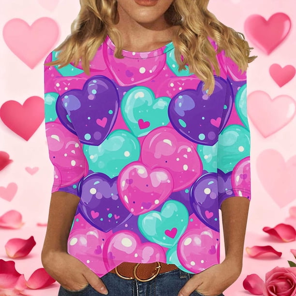 RKSTN Valentines 3/4 Sleeve Tops for Women Oversized Crewneck Valentine's Day Graphic Printed Short Sleeve T Shirt Womens Casual Round Neck Loose Comfy Loves Heart Print Three Quarter Sleeve Shirts