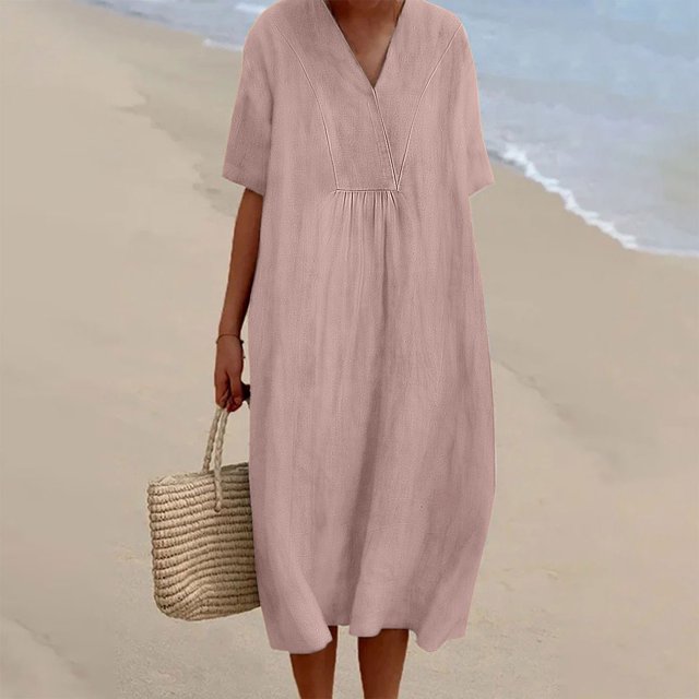 WILLBEST Coupes de Vinaigrette Ranch Individuelles Femmes Robe Décontractée Unie Manches Courtes Col en V avec Poches Robe Longue Ample