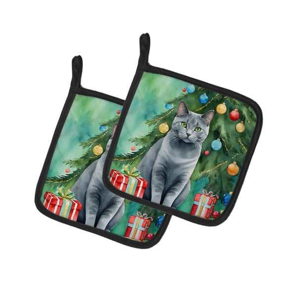 Carolines Treasures DAC7203PTHD 7.5 x 7.5 in. Chartreux Cat by the Christmas Tree Pot Holders - Set of 2