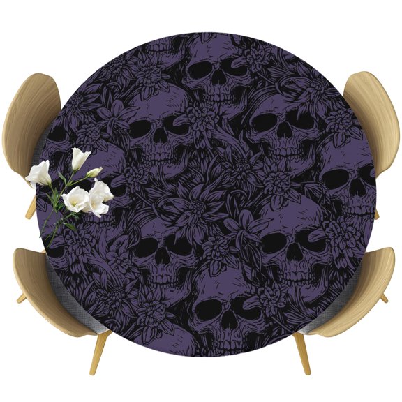 Round Fitted Tablecloths with Elastic Edge Halloween Skull Flower Purple Black Oil-Proof Waterproof Wipeable Table Cover for Kitchen Dining Party Decor Skeleton Plant Sketch Table Clothes,36" - 44"