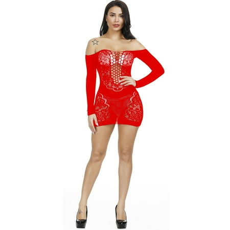 Generic Sexy Lingerie Sexy Sling Fishnet Clothes Skinny Hollow-out See-through Hip Skirt Long Sleeve Jacquard plus Size