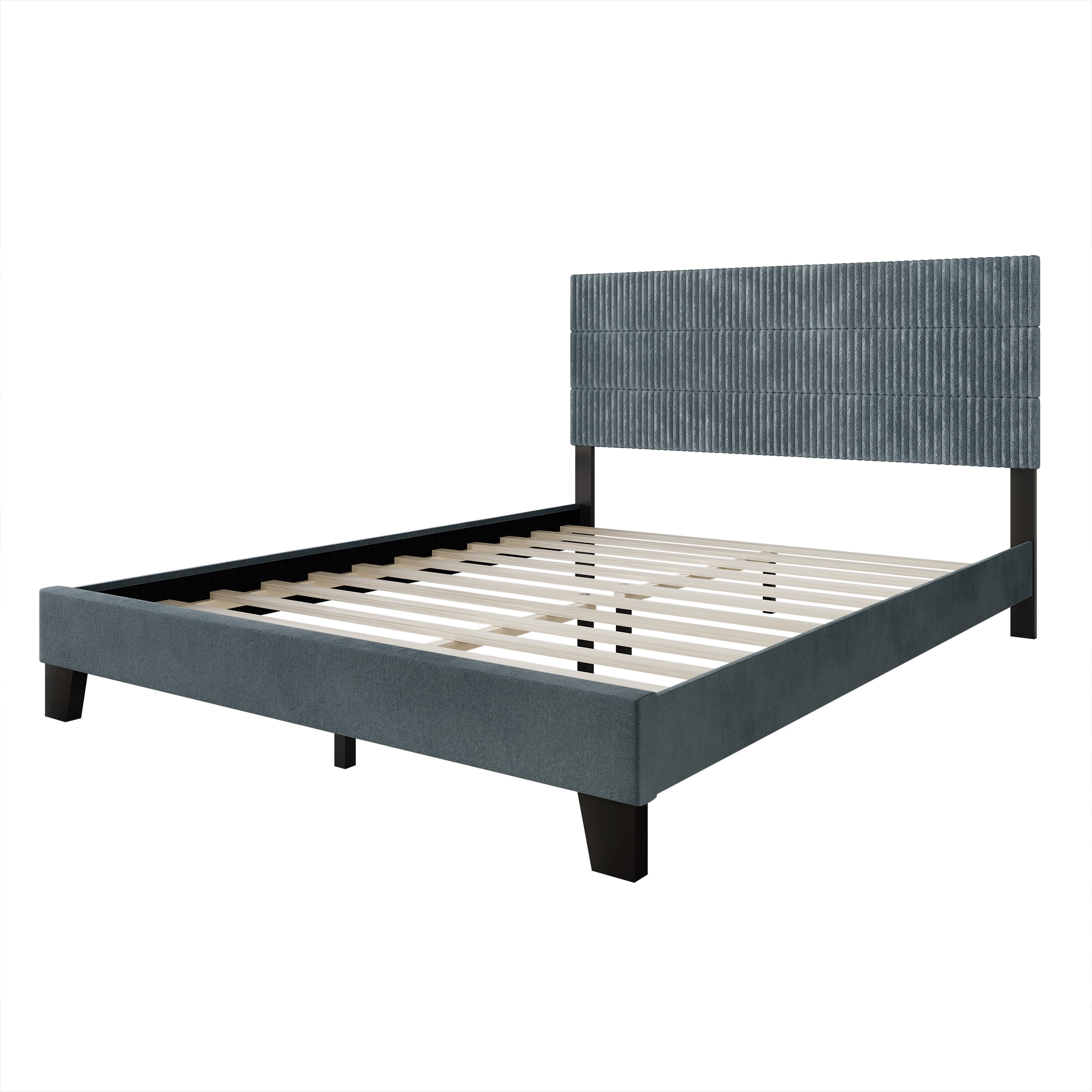 Castle Place Contemporary Corduroy Pleated Velvet Upholstered Queen Platform Bed, Light Blue