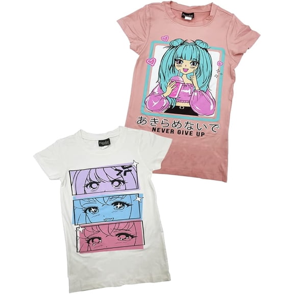 MISS POPULAR Girls 2-Pack Anime Japanese Art Print Super Soft Short Sleeve T-Shirts Cute Design| Sizes 7-16